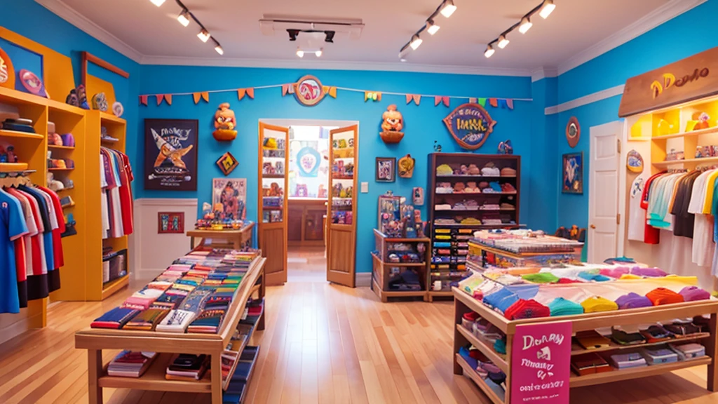 A rock t-shirt store, view from the inside, disney pixar style with lots of colors