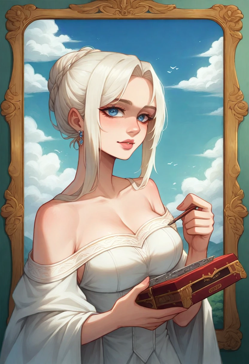 there is a womanan in a white dress holding a Music Box, artwork in the style of guweiz, guweiz on pixiv artstation, guweiz on artstation pixiv, guweiz, fantasy art style, guweiz masterpiece, beautiful and elegant queen, beautiful character painting, detailed digital anime art, blonde - haired princess, White hair, sky blue eyes, pink lips