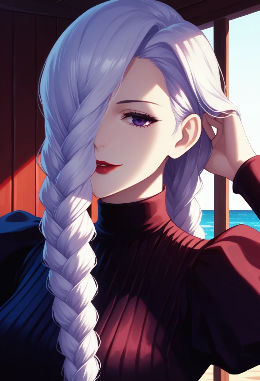 score_9_up, score_8_up, score_7_up, 1girl, solo, mature female, mei mei, hand in hair, looking at viewer, white hair, braid, hair over one eye, half closed eye, braided ponytail, braided bangs, purple eye, red lips, parted lips, naughty smile, long sleeves, dress, puffy sleeves, black dress, juliet sleeves, turtleneck dress,((yacht cabin)), night time, standing tall in seductive pose