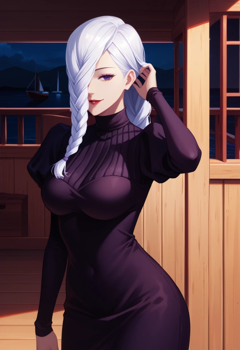 score_9_up, score_8_up, score_7_up, 1girl, solo, mature female, mei mei, hand in hair, looking at viewer, white hair, braid, hair over one eye, half closed eye, braided ponytail, braided bangs, purple eye, red lips, parted lips,  smile, long sleeves, dress, puffy sleeves, black dress, juliet sleeves, turtleneck dress,((yacht cabin)), night time, standing tall in  pose