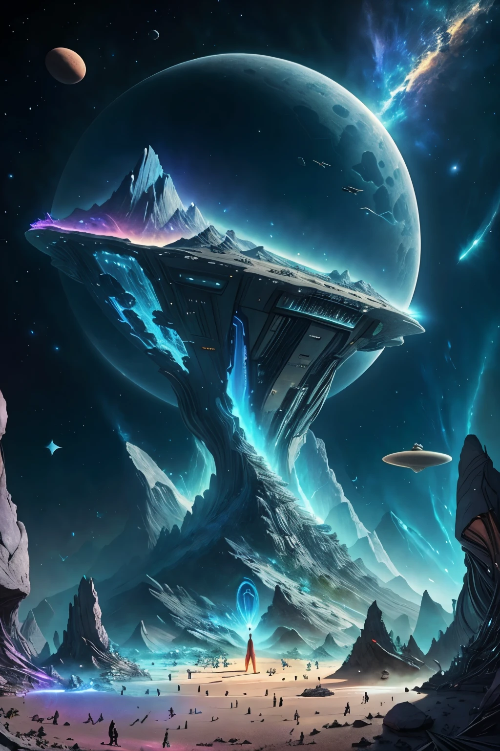 An interstellar festival celebrated on a giant asteroid, with vibrant light shows, floating platforms, alien musicians playing unusual instruments, and beings from all corners of the universe joining in the festivities