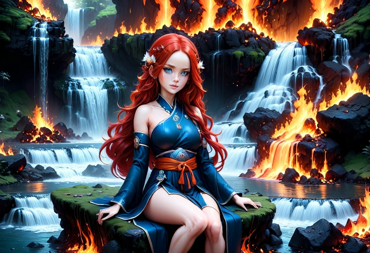  picture of a (female monk: 1.2) sitting and meditating near a bonfire at the base of the waterfall, there is a human woman monk wearing monk garbs,  red hair, long hair, full body (best details, Masterpiece, best quality :1.5), ultra detailed face (best details, Masterpiece, best quality :1.5), ultra feminine (best details, Masterpiece, best quality :1.5), exquisite beautiful (best details, Masterpiece, best quality :1.5) red hair, long hair, wavy hair, pale skin, blue eyes, intense eyes, an (epic sized waterfall: 1.3), water coming down from a volcanic cliff, multi level water falls, several pools created in different levels, forming new waterfalls, water cascading into a (large lava pool: 1.3) steam rising, clear water in many hues of blue and azure, fantasy art, photorealistic, D&D art,  (masterpiece: 1.4) intense details, highly detailed, photorealistic, best quality, highres,16k, [ultra detailed], masterpiece, best quality, (extremely detailed), close up, ultra wide shot, photorealistic, RAW, fantasy art, dnd art, fantasy art, realistic art,((best quality)), ((masterpiece)), (detailed: 1.5) faize, ral-lava