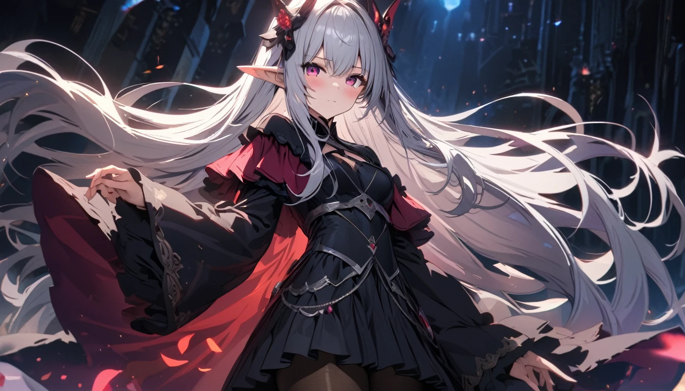 Satella from anime Re:NULL, (masterpiece, Best quality, A high resolution, ultra detailed, Satella, White hair, purple eyes, 1 girl, long hair, pointed ears, hair ornament, Tights, black transparent veil long black dress, Looking at the viewer, black Tights, long sleeves, blush, standing, very long hair, cowboy shot, brilliant, brilliant hair, (night:1.2),Dreamy, [[gentle fingers and hands:0.55]::0.85],(detailed fingers),),(emotional),(breathtaking),(main part:1.2) whole body.), (Anime Style), (Super Detailed), (brutal), (uhd, HDR), (8K), (High Resolution: 1.2), (Complex and Beautiful: 1.2), (Dramatic Lighting: 1.2) , (staring at the viewer), lora:add_detail:1, female necromancer, flowing white hair, detailed red eyes, skelet, Tomohiko Ito style
