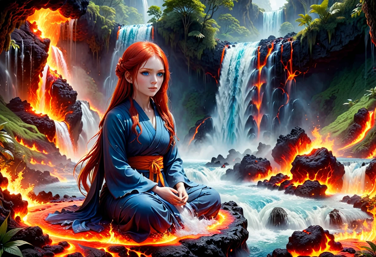  picture of a (female monk: 1.2) sitting and meditating near a bonfire at the base of the waterfall, there is a human woman monk wearing monk garbs,  red hair, long hair, full body (best details, Masterpiece, best quality :1.5), ultra detailed face (best details, Masterpiece, best quality :1.5), ultra feminine (best details, Masterpiece, best quality :1.5), exquisite beautiful (best details, Masterpiece, best quality :1.5) red hair, long hair, wavy hair, pale skin, blue eyes, intense eyes, an (epic sized waterfall: 1.3), water coming down from a volcanic cliff, multi level water falls, several pools created in different levels, forming new waterfalls, water cascading into a (large lava pool: 1.3) steam rising, clear water in many hues of blue and azure, fantasy art, photorealistic, D&D art,  (masterpiece: 1.4) intense details, highly detailed, photorealistic, best quality, highres,16k, [ultra detailed], masterpiece, best quality, (extremely detailed), close up, ultra wide shot, photorealistic, RAW, fantasy art, dnd art, fantasy art, realistic art,((best quality)), ((masterpiece)), (detailed: 1.5) faize, ral-lava