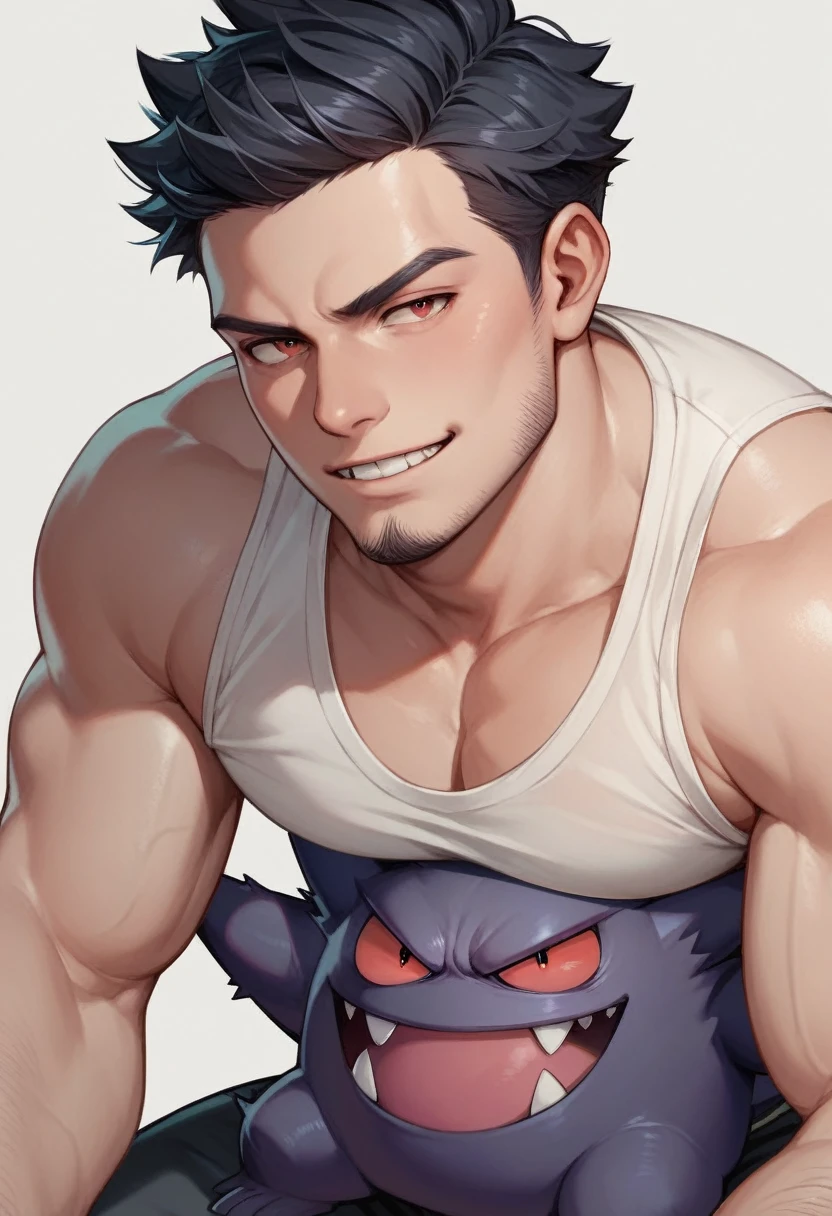 Handsome boy with short dark hair and short beard with a Gengar (Of pokemon)
