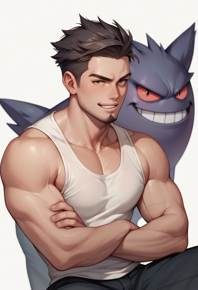Handsome boy with short dark hair and short beard with a Gengar (Of pokemon)