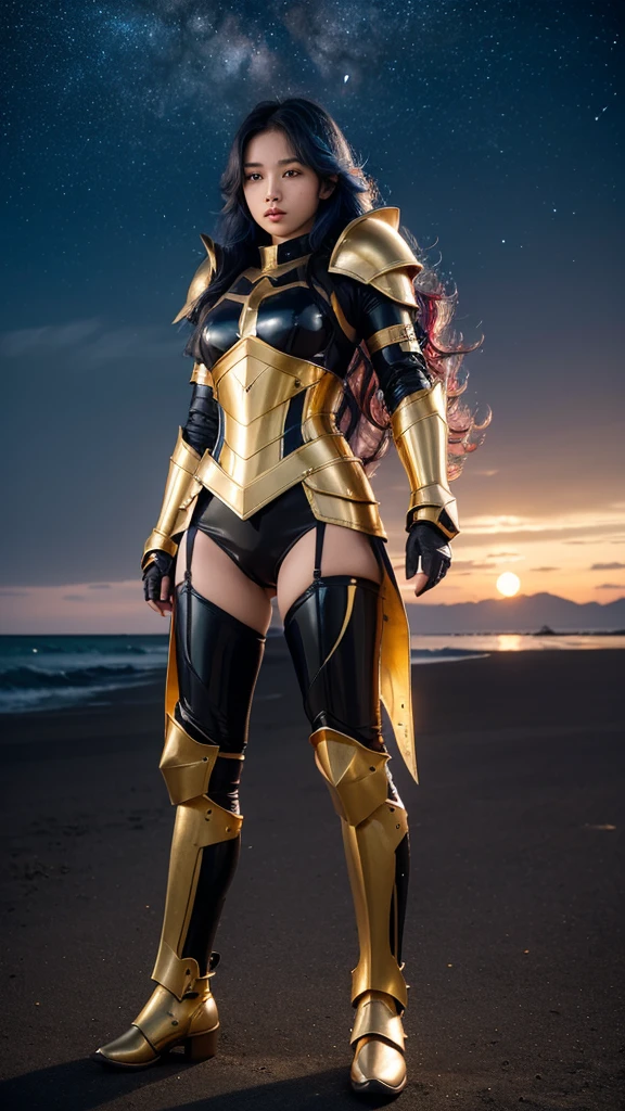 ((best quality)), ((masterpiece)), ((full body photograph)), ultra details armor, sharp armor texture, crisp picture, cuteIndonesian girl, extremely beautiful, full make ups, (red lips)), ((long wavy hair)), (blue hair), ((hair blown by strong winds)), ((wearing tight steel-armor)), full steel armor, ((latex panty)), ((thighs armor)), ((slim body shape)), ((gold and black armor)), no head cover, symmetrical body pose, epic lights details, night at beach, full of stars, nebula sky, full moon, shooting stars, from below