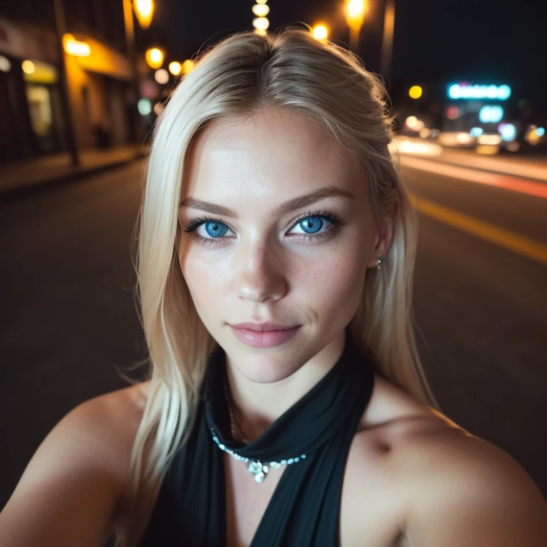 (Selfie, View from the top: 1.4), (straight half of the body: 1.4), RAW uhd photo of a 24 year old blonde (Blue eyed woman) Walking down a dark alley, breasts big,, city at natta, (overskirt), (neckleace), detaileds (texturas! , body hair! , sheen, Farbe!! , Disadvantages: 1.1), olhos brilhantes com muitos detaileds (looking at the camera), SLR Lighting, SLR Camera, ultra-quality, sharpening, Depth of field, Film grain (downtown), Fujifilm XT3, clear as crystal, frame downtown, beautiful  face, sharp focus, street lamp, Neon lighting, bokeh (dimly-lit), natta, (natta sky), detailed skin pores, greasy skin, sunburn, complex eye detaileds, whole body, breasts big