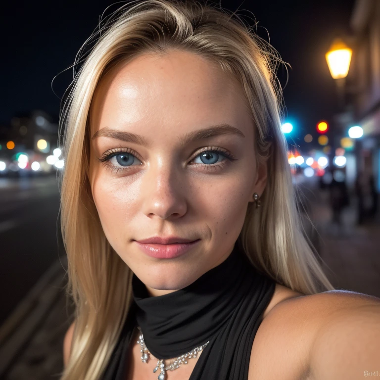 (Selfie, View from the top: 1.4), (straight half of the body: 1.4), RAW uhd photo of a 24 year old blonde (Blue eyed woman) Walking down a dark alley, breasts big,, city at natta, (overskirt), (neckleace), detaileds (texturas! , body hair! , sheen, Farbe!! , Disadvantages: 1.1), olhos brilhantes com muitos detaileds (looking at the camera), SLR Lighting, SLR Camera, ultra-quality, sharpening, Depth of field, Film grain (downtown), Fujifilm XT3, clear as crystal, frame downtown, beautiful face, sharp focus, street lamp, Neon lighting, bokeh (dimly-lit), natta, (natta sky), detailed skin pores, greasy skin, sunburn, complex eye detaileds, whole body, breasts big