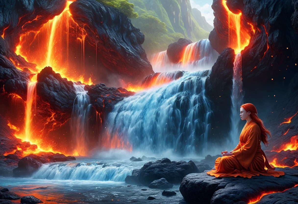  picture of a (female monk: 1.2) sitting and meditating near a bonfire at the base of the waterfall, there is a human woman monk wearing monk garbs,  red hair, long hair, full body (best details, Masterpiece, best quality :1.5), ultra detailed face (best details, Masterpiece, best quality :1.5), ultra feminine (best details, Masterpiece, best quality :1.5), exquisite beautiful (best details, Masterpiece, best quality :1.5) red hair, long hair, wavy hair, pale skin, blue eyes, intense eyes, an (epic sized waterfall: 1.3), water coming down from a volcanic cliff, multi level water falls, several pools created in different levels, forming new waterfalls, water cascading into a (large lava pool: 1.3) steam rising, clear water in many hues of blue and azure, fantasy art, photorealistic, D&D art,  (masterpiece: 1.4) intense details, highly detailed, photorealistic, best quality, highres,16k, [ultra detailed], masterpiece, best quality, (extremely detailed), close up, ultra wide shot, photorealistic, RAW, fantasy art, dnd art, fantasy art, realistic art,((best quality)), ((masterpiece)), (detailed: 1.5) faize, ral-lava
