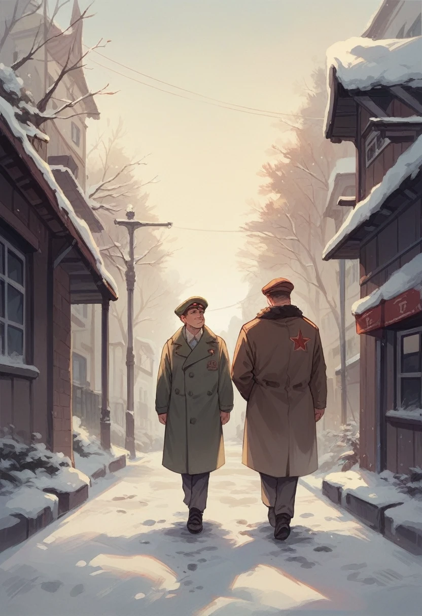 A couple walking in front of some old Soviet apartments in the evening snow