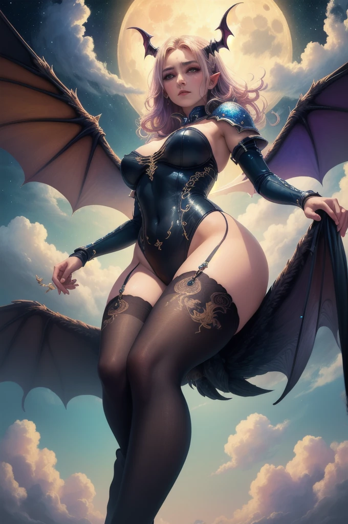 ((best quality)), ((masterpiece)), (detailed), succubus, ethereal beauty, perched on a cloud, (fantasy illustration:1.3), enchanting gaze, leotard, pantyhose, stockings, bodysuit, captivating pose, delicate wings, otherworldly charm, mystical sky, large moon, moonlit night, soft colors, (detailed cloudscape:1.3), (high-resolution:1.2), from below, (rating_explicit), (score_9, score_8_up, score_7_up, score_6_up, score_5_up, score_4_up, high res, 4k)