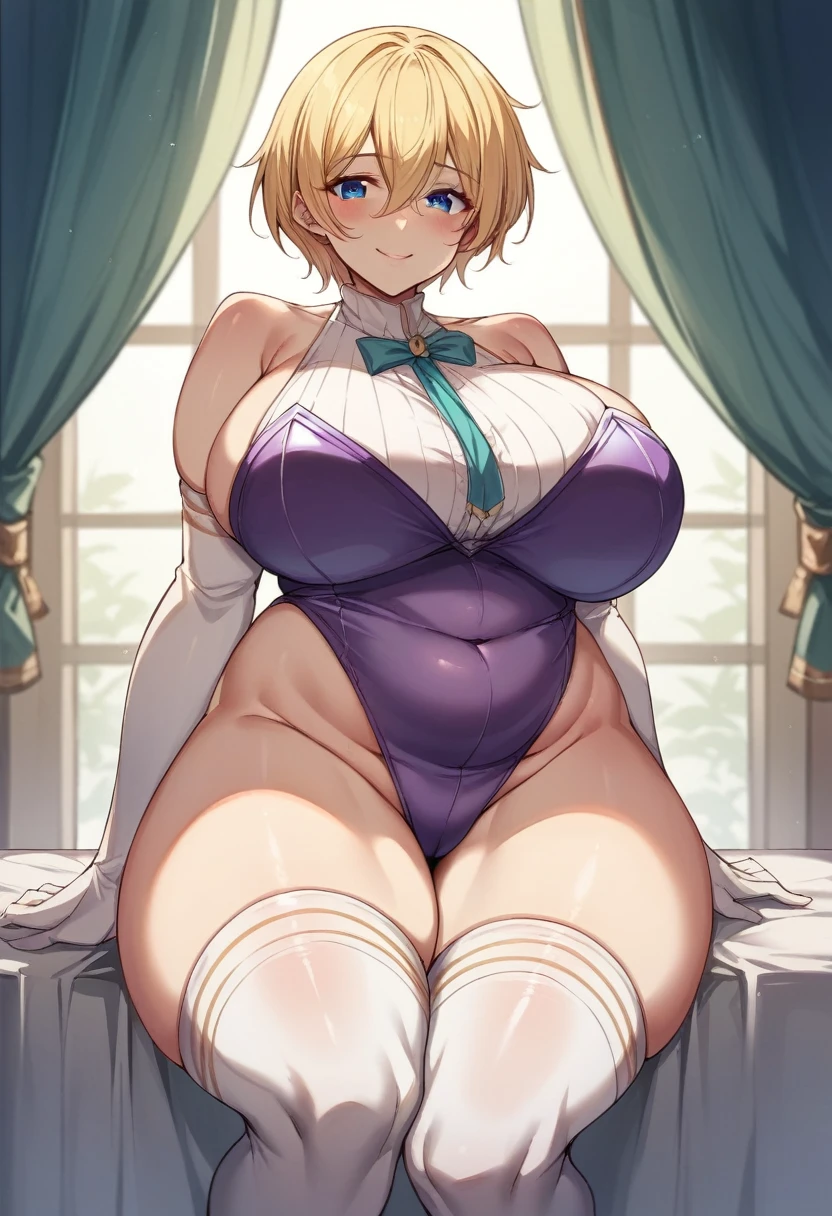 (One girl)、((short hair))、((Blonde))、(Sato Air)、((boyish))、((Huge breasts))、(Chubby)、beautiful girl、((Big thighs))、Blue Eyes、(Purple Leotard)、(White sleeveless)、Princess Knight、((hairs between eyes))、((thigh-high socks thighhighs))、(long gloves)、smile、((see-through)