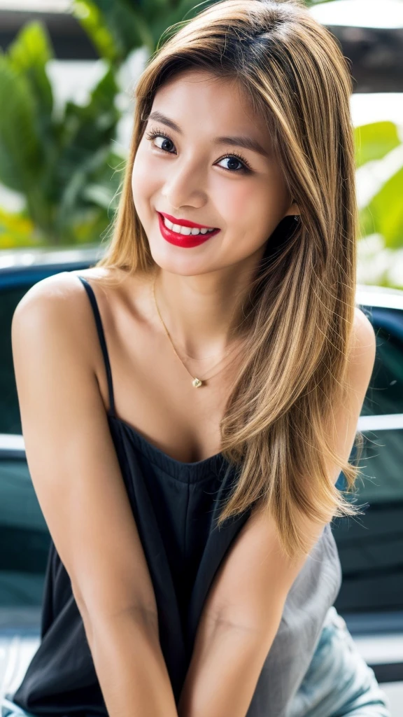 image of a girl in dubai realistic image of a 20 year old girl, solo, red lipstick, red lips glossy, long black hair, beatiful breasts, looking at viewer, blonde hair, bare shoulders, black eyes, jewelry, full body, necklace, off shoulder, short blue blouse, lips, realistic, nose, flirting with camera, masterpies, smiling face with dimple