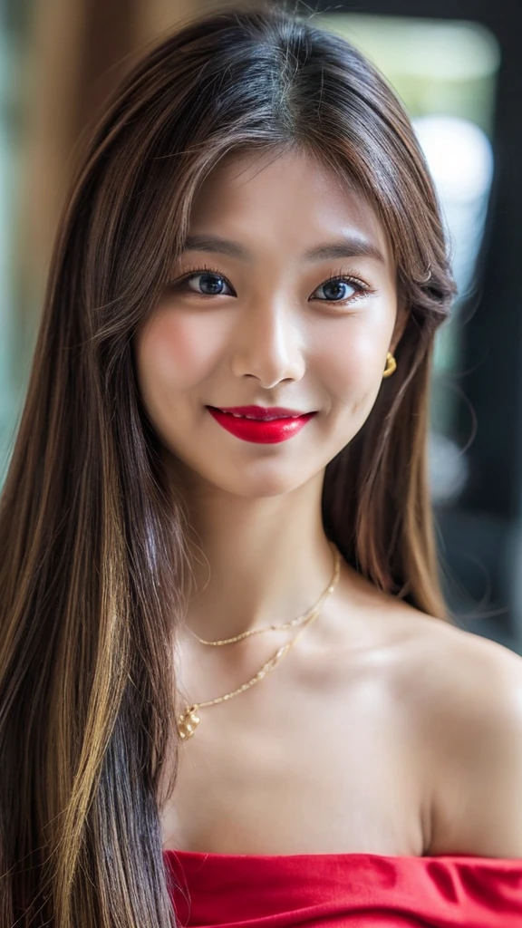 image of a girl in dubai realistic image of a 20 year old girl, solo, red lipstick, red lips glossy, long black hair, beatiful breasts, looking at viewer, blonde hair, bare shoulders, black eyes, jewelry, full body, necklace, off shoulder, short blue blouse, lips, realistic, nose, flirting with camera, masterpies, smiling face with dimple