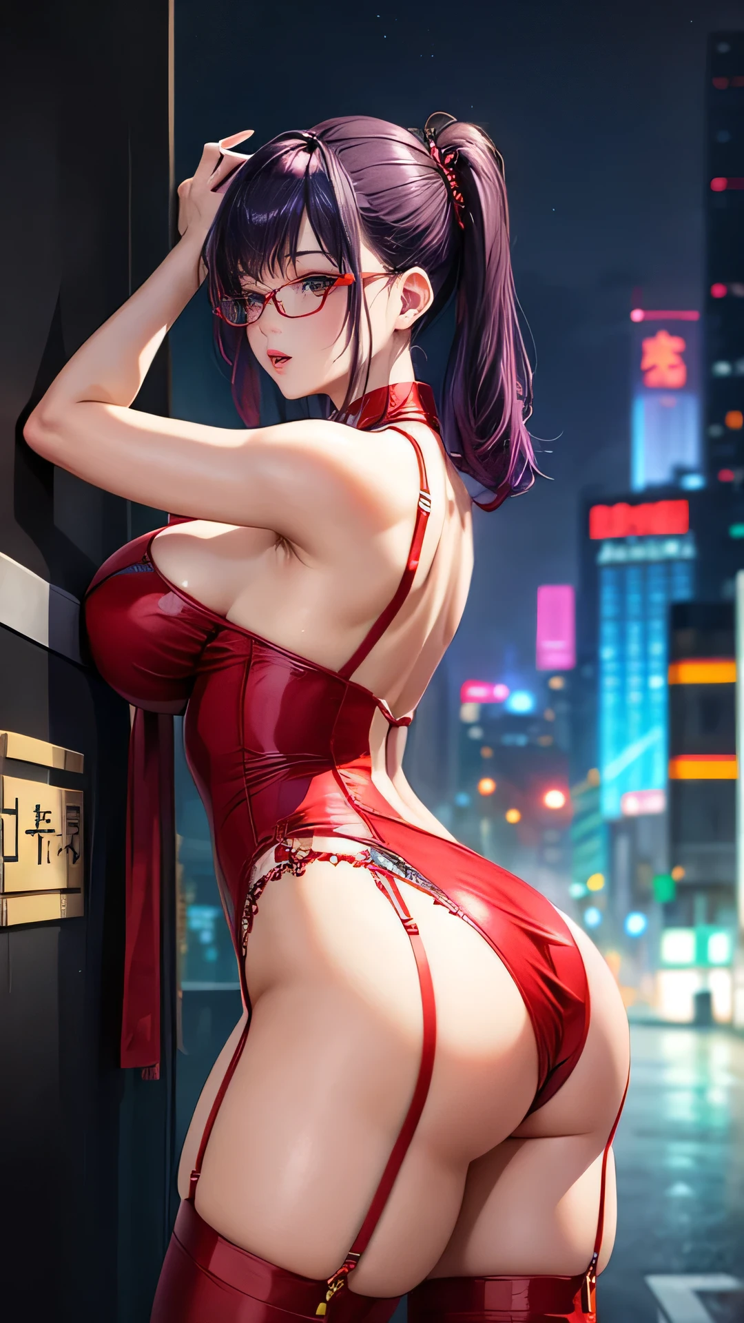 Taiwanese Idol　Mature Woman　Purple hair with bangs　Rimless glasses　Turn around with your back　Bright red rouge lips　Big Breasts　Super Shiny Enamel Chinese Dress　garter belt　Enamel stockings　Knee-high boots　Heavy rain at dawn in a cyberpunk cityscape　masterpiece　humid　Zoom Armpits　