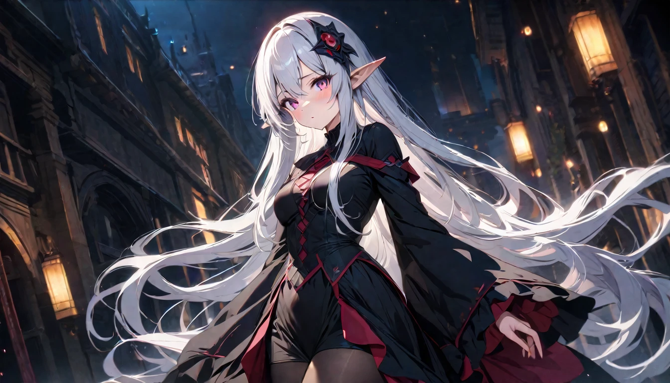 Satella from anime Re:NULL, (masterpiece, Best quality, A high resolution, ultra detailed, Satella, White hair, purple eyes, 1 girl, long hair, pointed ears, hair ornament, Tights, black transparent veil long black dress, Looking at the viewer, black Tights, long sleeves, blush, standing, very long hair, cowboy shot, brilliant, brilliant hair, (night:1.2),Dreamy, [[gentle fingers and hands:0.55]::0.85],(detailed fingers),),(emotional),(breathtaking),(main part:1.2) whole body.), (Anime Style), (Super Detailed), (brutal), (uhd, HDR), (8K), (High Resolution: 1.2), (Complex and Beautiful: 1.2), (Dramatic Lighting: 1.2) , (staring at the viewer), lora:add_detail:1, female necromancer, flowing white hair, detailed red eyes, skelet, Tomohiko Ito style