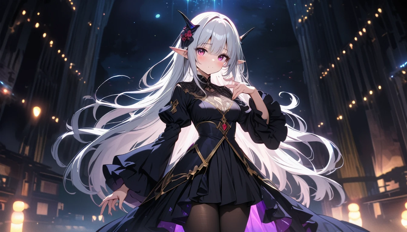 Satella from anime Re:NULL, (masterpiece, Best quality, A high resolution, ultra detailed, Satella, White hair, purple eyes, 1 girl, long hair, pointed ears, hair ornament, Tights, black transparent veil long black dress, Looking at the viewer, black Tights, long sleeves, blush, standing, very long hair, cowboy shot, brilliant, brilliant hair, (night:1.2),Dreamy, [[gentle fingers and hands:0.55]::0.85],(detailed fingers),),(emotional),(breathtaking),(main part:1.2) whole body.), (Anime Style), (Super Detailed), (brutal), (uhd, HDR), (8K), (High Resolution: 1.2), (Complex and Beautiful: 1.2), (Dramatic Lighting: 1.2) , (staring at the viewer), lora:add_detail:1, female necromancer, flowing white hair, detailed red eyes, skelet, Tomohiko Ito style
