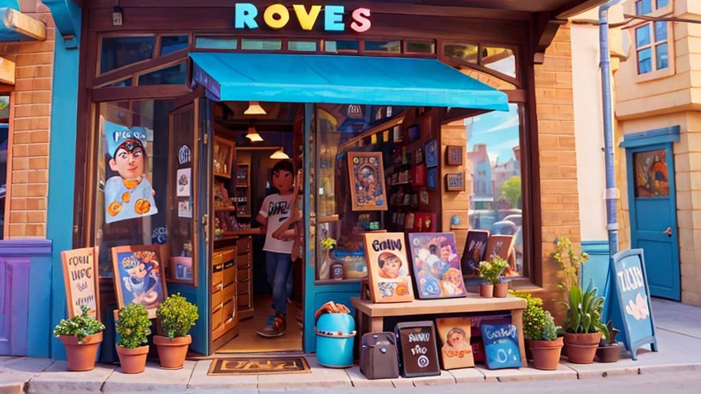 A rock t-shirt store, disney pixar style with lots of colors