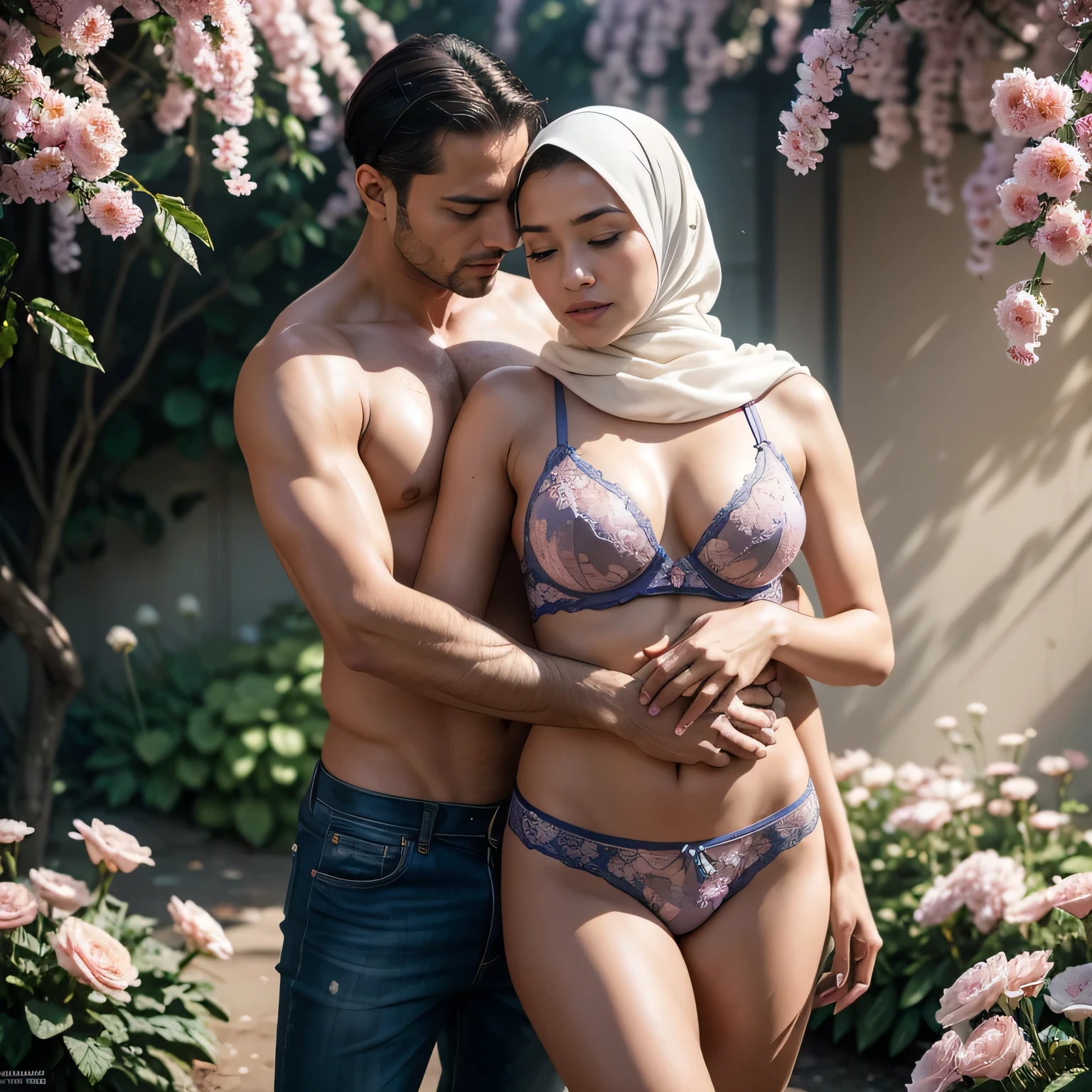 (1 gorgeous malay girl wearing lingerie and arm sleeve, wearing plain hijab, she is hugging 1 handsome man 40 years old with slick back hair, he is shirtless and wear shorts) he rubs her crotch against her, dynamic pose, ultra realistic, masterpiece, maximum quality, detailed skin texture, skin pores, film grain, eyes closed, skin marks, moles, highly detailed skin, fantasy flower garden, (flowers blooming densely in background), lisianthus, pale pink and light azure color grading, surreal and dreamy environment, ethereal foliage, high contrast, ink strokes, over exposure, abstract, (watercolor painting by John Berkey and Jeremy Mann, brush strokes), flower petals and leaves flying blown by wind, film grain, film noise, cinematic composition