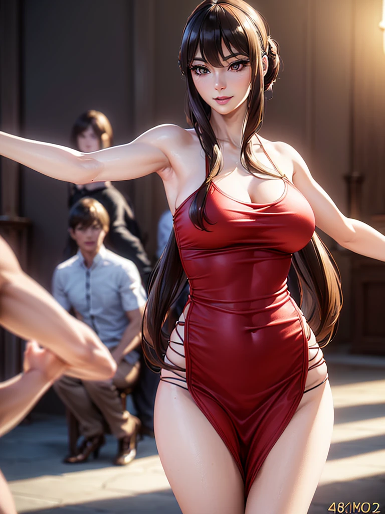 a beautiful woman, perfect figure, narrow waist, long chestnut hair, beautiful detailed eyes, long eyelashes, lustrous detailed lips, beautiful skin, beautiful smile, fashion model, cinematic scene, (best quality,4k,8k,highres,masterpiece:1.2),ultra-detailed,(realistic,photorealistic,photo-realistic:1.37),((dancing)),[red tank top]