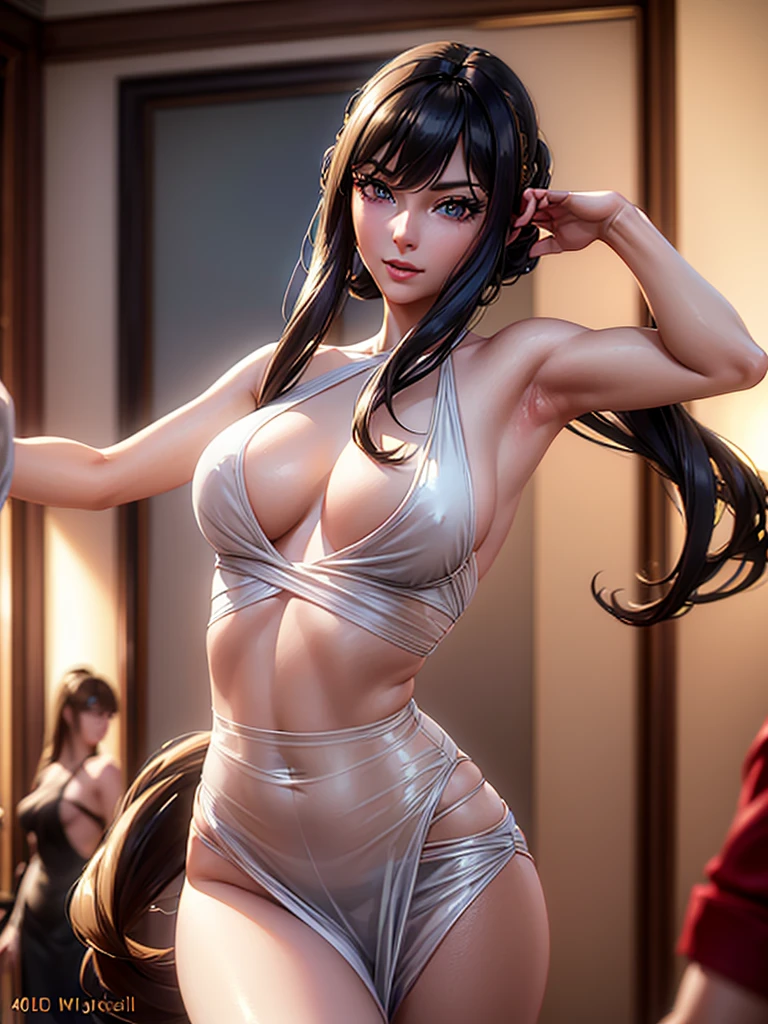 a beautiful woman, perfect figure, narrow waist, long chestnut hair, beautiful detailed eyes, long eyelashes, lustrous detailed lips, beautiful skin, beautiful smile, fashion model, cinematic scene, (best quality,4k,8k,highres,masterpiece:1.2),ultra-detailed,(realistic,photorealistic,photo-realistic:1.37),((dancing)),[red tank top]