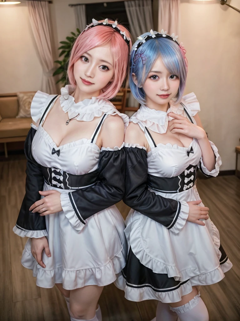 Accurate depiction with high resolution,(8K, Photorealistic, Raw photo, of the highest quality: 1.3), (1girl in), Super beautiful, (Realistic face), (boyish, pink Color Berry Shorthair), Beautiful , Glare that captivates the viewer, Beautiful expression, Beautiful breasts, (Realistic skin), Be...Create a detailed and colorful image of Ram and Rem from Re:Zero, standing back-to-back in their maid outfits, with a magical fantasy background、14years old, two girls,cute, perfect face, beautiful, nice body, gothic lolita clothes, gothic lolita fashion, frilly skirt, headdress, necklace, bracelet, knee-high socks, boots, double eyelids, tear bags, Detailed down to the fingers, photo-like description, indoors, dim indoor lighting, one girl is pink hair and short bob, another girl is light blue hair and short bob,standing,whole body, composition that shows the whole body, smiling,The Both of them are wearing the same type of maid outfit,Optimal ratio of 4 fingers and 1 thumb,walking