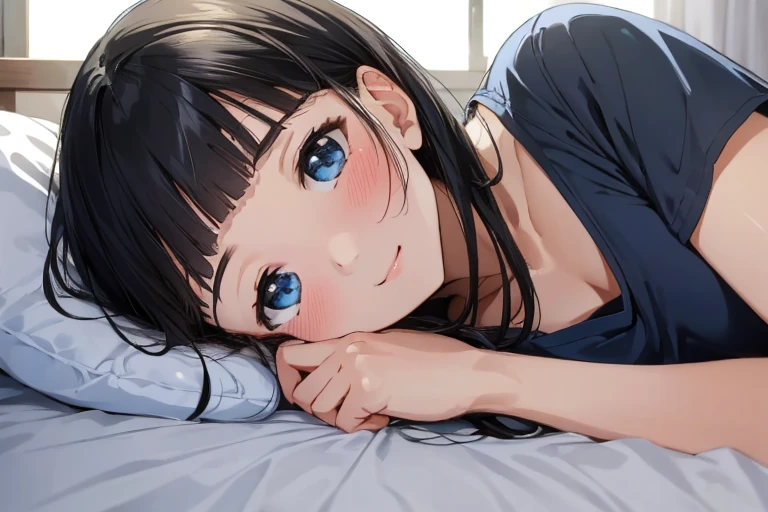 masterpiece、Highest quality、1 female、Very detailed Black Hair、Blunt bangs blue eyes、Detailed depiction of the eyes smile、blush Tank top Face is close、Face close-up、Bring your face closer Sheetに寝転がる、Lie down Sheet