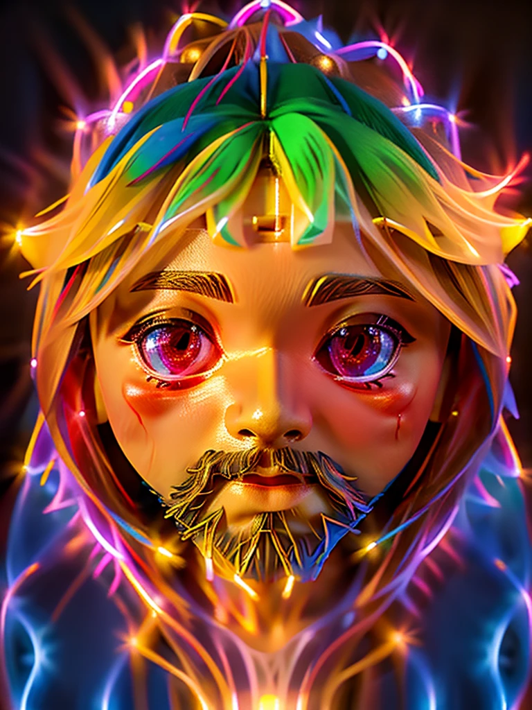 This stunning macro photo captures Jesus Christ's colorful face of peace illuminated by beautiful volumetric lighting