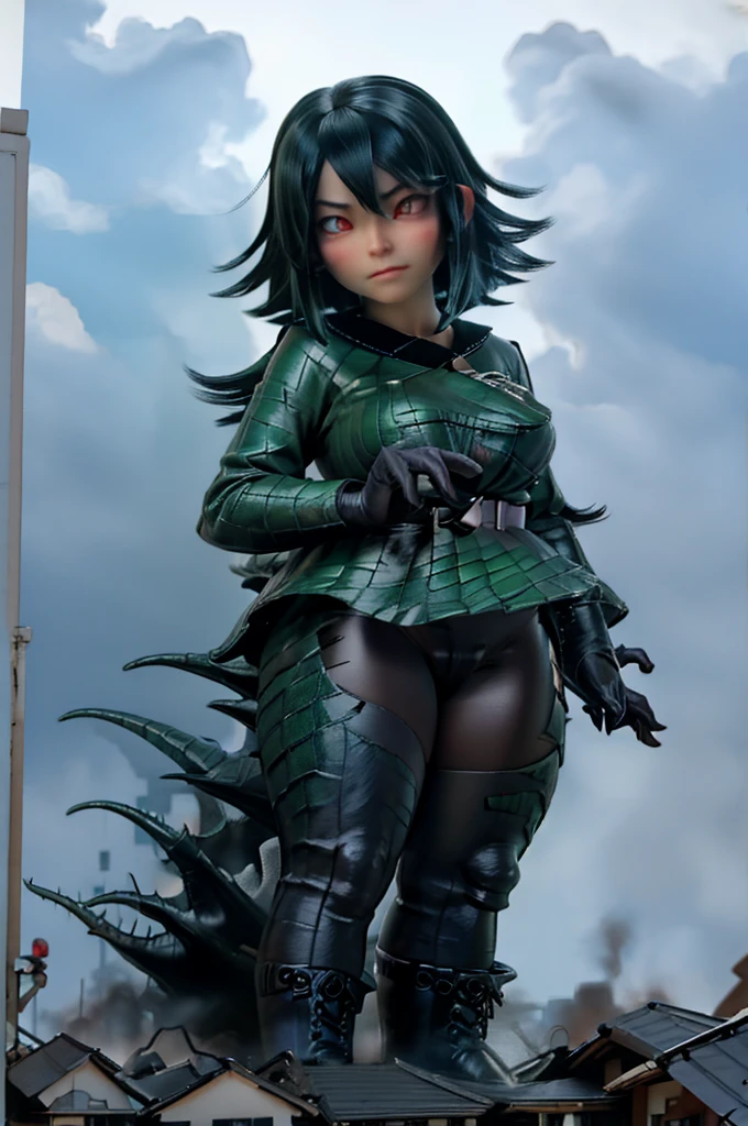 3d, godzilla chan, long hair, reptile tail, giantess, towering over a city, massive breasts, green short hair, red eyes, on a street