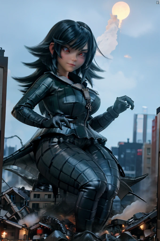 3d, godzilla chan, long hair, reptile tail, giantess, towering over a city, massive breasts, green short hair, red eyes, on a street