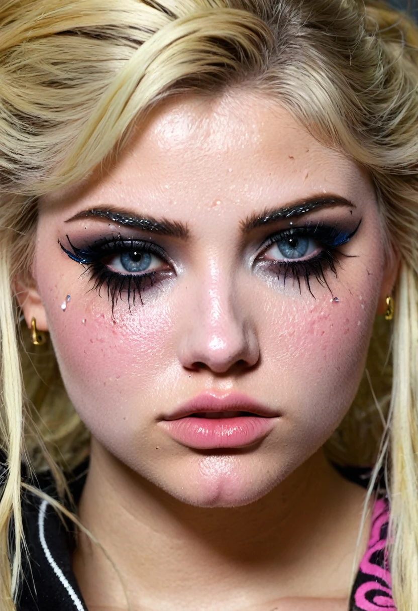 18 year old crack junkie, girl, many bruises, blonde, heavy makeup, cute youthfull doll-face, tears