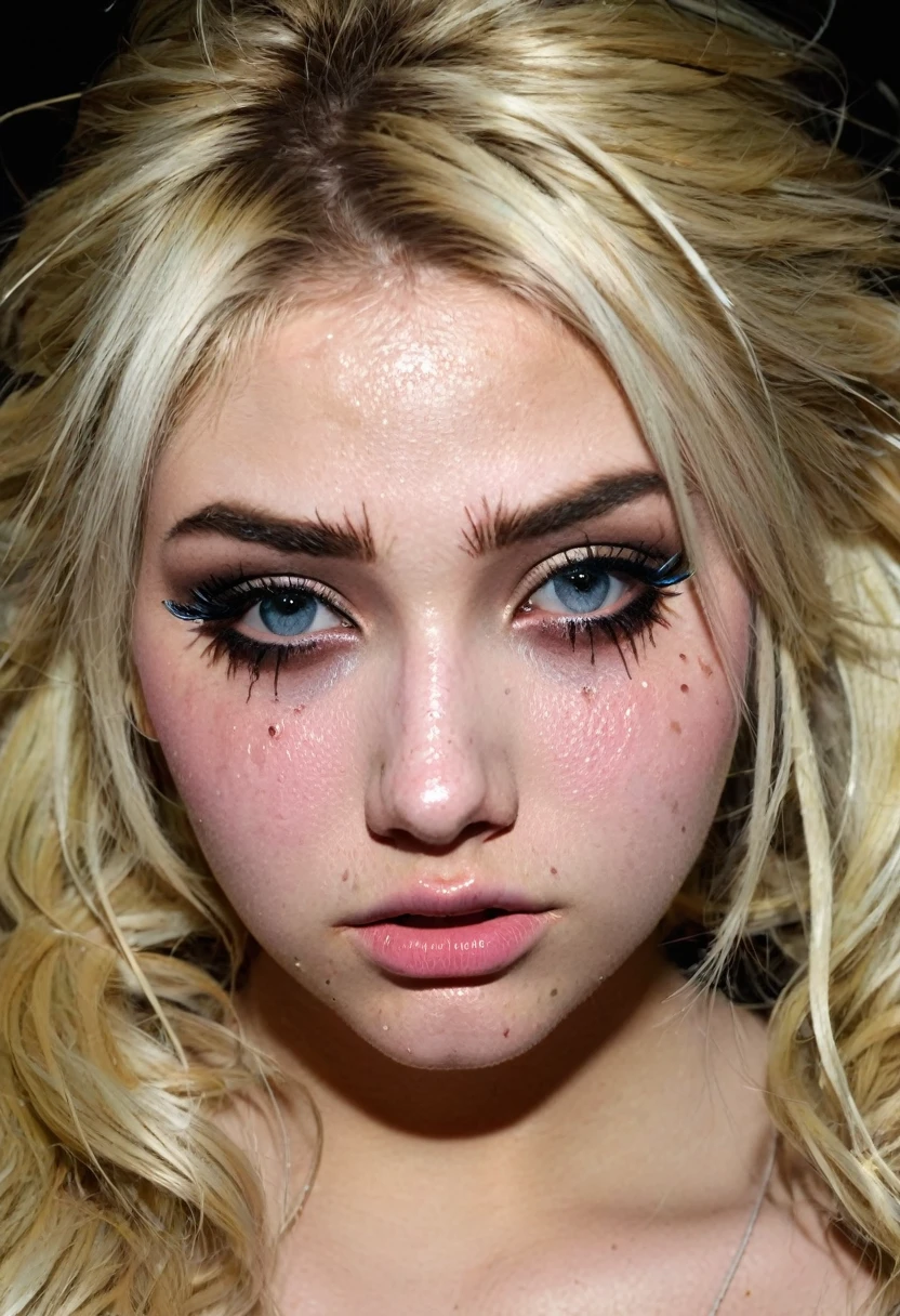 18 year old crack junkie, girl, many bruises, blonde, heavy makeup, cute youthfull doll-face, tears