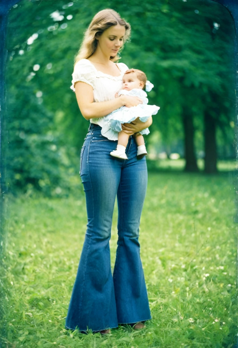 young mother with daughter in jeans with flounce in park, 19th century photo, deep focus, vintage film grain, color correction retro style, soft lighting,