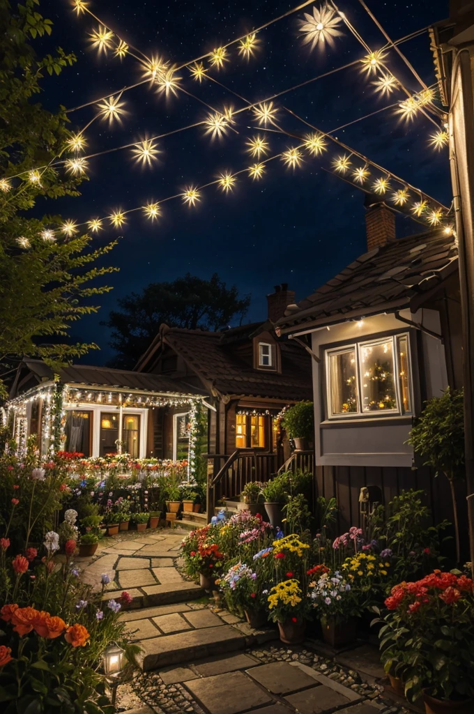 A small house in the city decorated with flowers and lights, Small road, Crowded, night view, it's raining, realistic, 4k