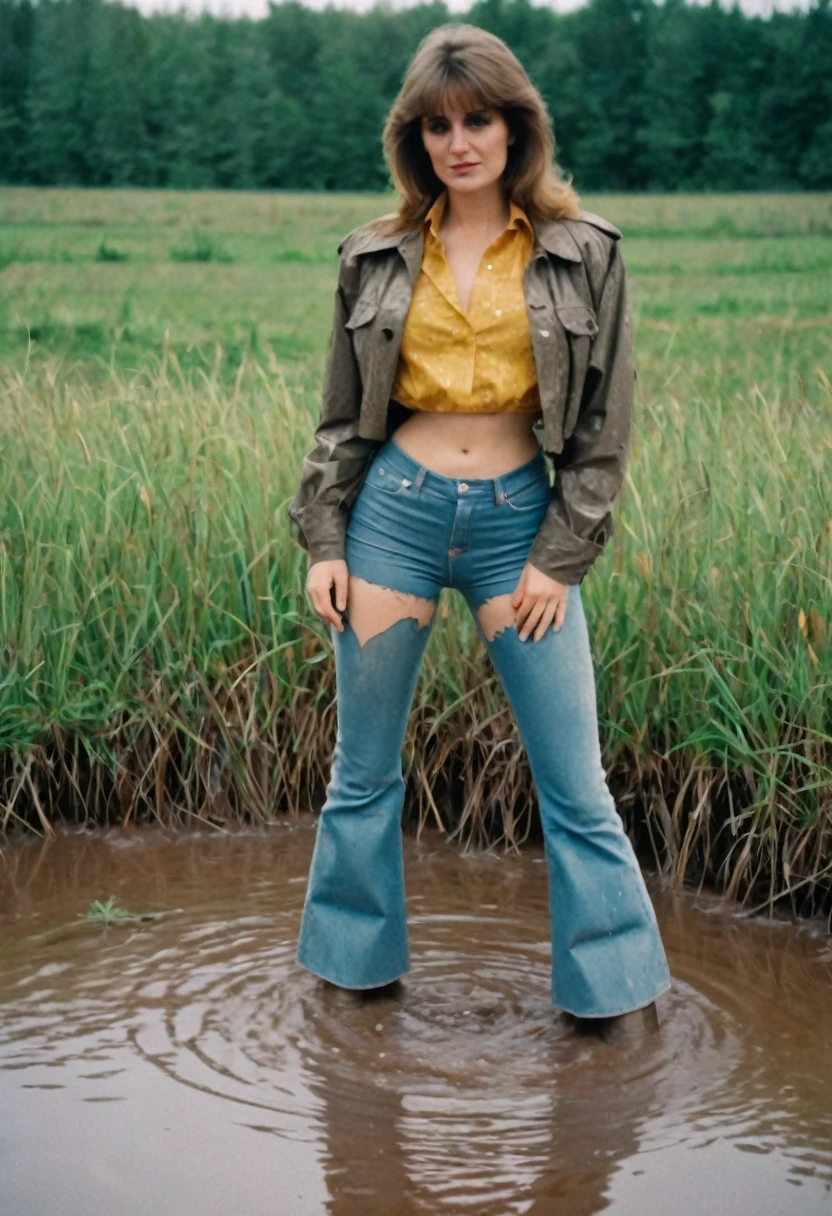 close-up, vulnerable shy ordinary woman, high waist mud covered flared (jeans), dirty jacket, blouse, deep sits on back in bog, drowning in bog, caught in her sexual fetish session, wet muddy clothes, 70s setting photo, deep focus, vintage film grain, retro color grading, soft lighting, ((teasing with her ass in levis jeans))