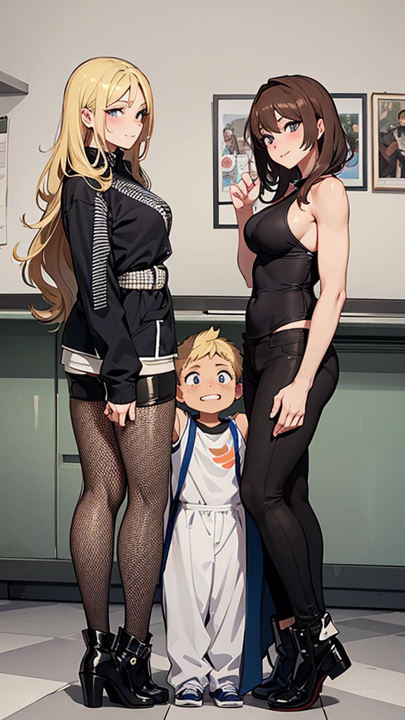 two sexy women looking down at boy with blonde hair and shorts, women touch behind of boy's head, women have flirtatious smiles