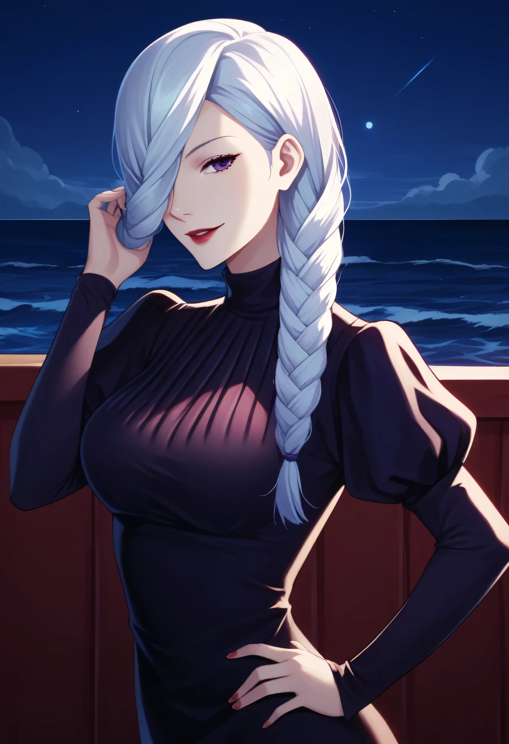 score_9_up, score_8_up, score_7_up, 1girl, solo, mature female, mei mei, hand in hair, looking at viewer, white hair, braid, hair over one eye, half closed eye, braided ponytail, braided bangs, purple eye, red lips, parted lips, naughty smile, long sleeves, dress, puffy sleeves, black dress, juliet sleeves, turtleneck dress, yacht cabin, night time, ocean, standing in seductive pose