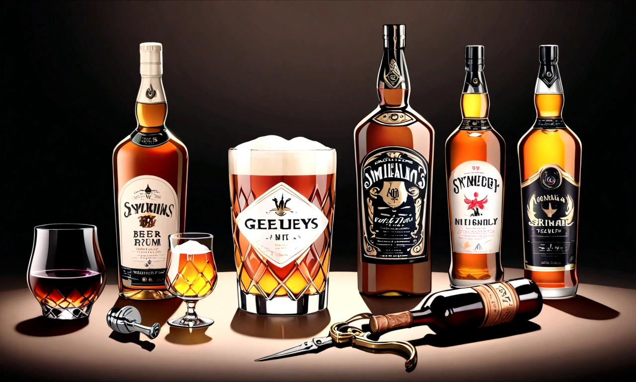 beer,logo,corkscrew,wine,whisky,rum,gold and blue,simple background,black background,(best quality,4k,8k,highres,masterpiece:1.2),ultra-detailed,still life,elegant,minimal,clean,modern,studio lighting,symmetrical