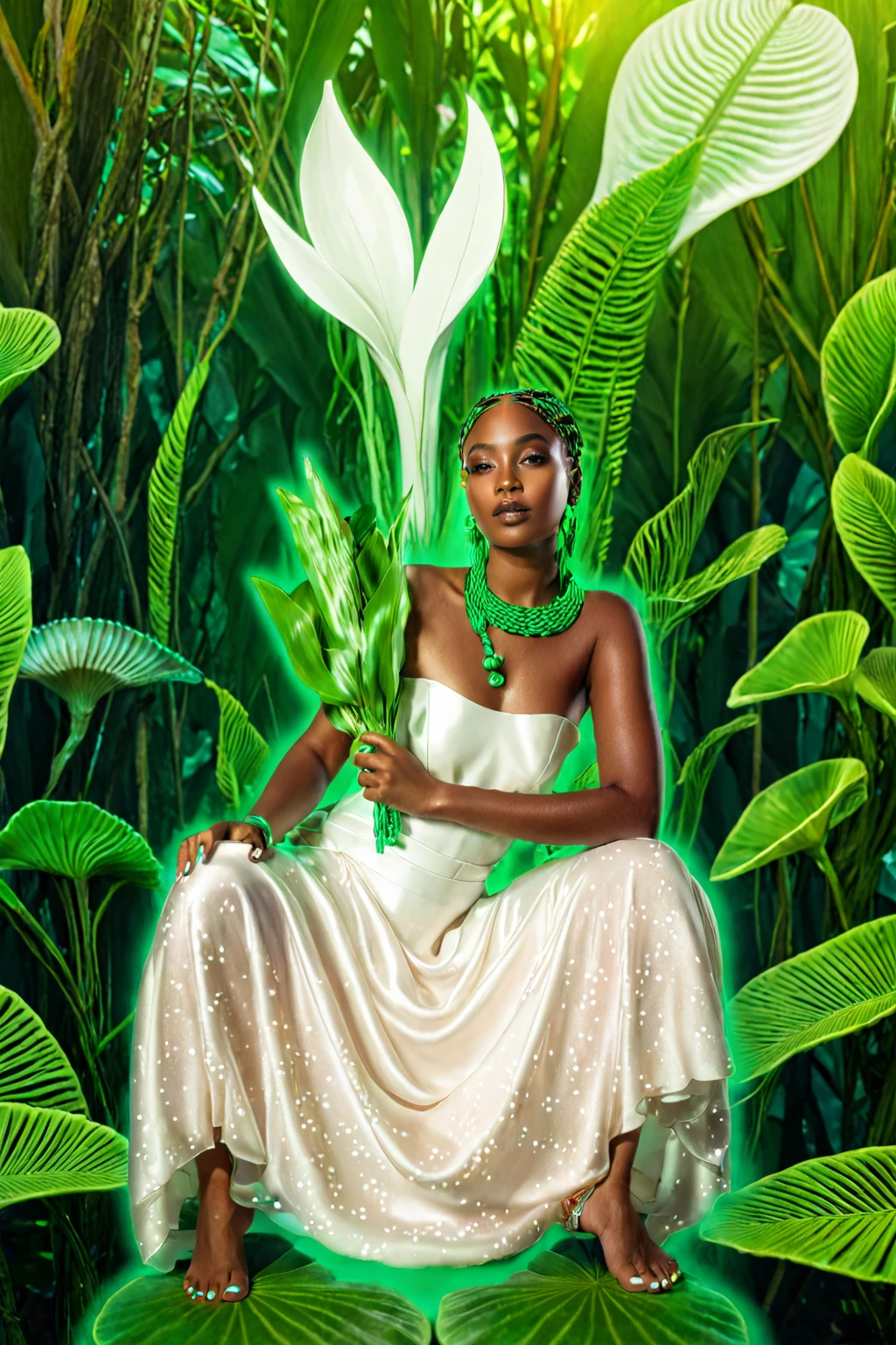 a woman with brown skin in a white dress with green details that transform into plants, goddess of plants, hair braided with shells, afrofuturism, afrofuturism fashion, ultra quality, album cover, 8K