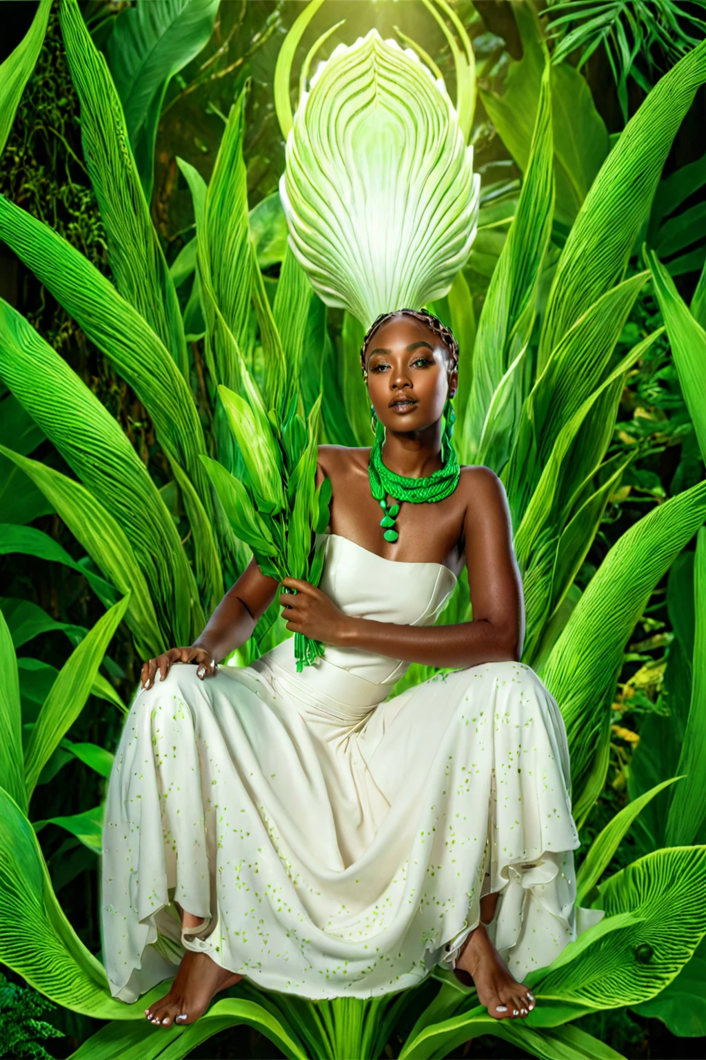 a woman with brown skin in a white dress with green details that transform into plants, goddess of plants, hair braided with shells, afrofuturism, afrofuturism fashion, ultra quality, album cover, 8K