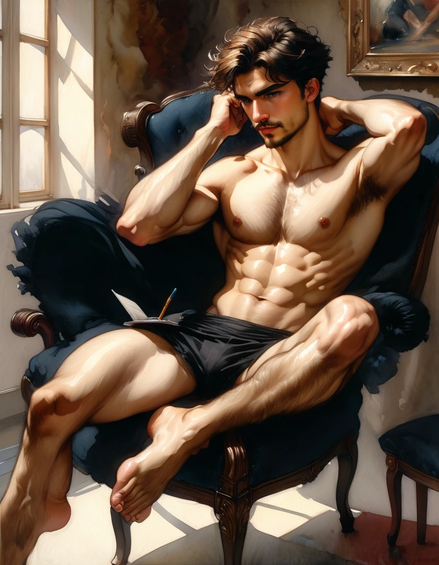 sitting on a chair with their heels resting on the base of the chair without touching the floor In the iconic art style of joaquin sorolla an henry scott tukei, ((1 man wearing small black loincloth, sitt on a chair with his feet on the chair in a complete negative black space, smiling, focused gaze)) in henry scott tuke and Peter Paul Rubens art style, ultra detailed, ultra realistic, ambient lighting, becoming the subject composition, soft neutral colors, perfect components layout, divine proportions, wide angle, fullbody, in henry scott tuke art style, ultradetailed, ultrarealistic, 8k resolution, HD, a red head, hairy, slighly hairy body, slender, detailed eyes, detailed feet, detailed nose, detailed lips, detailed chin, detailed ears, detailed muscles, blue eyes, shirtless, barefoot, handsome, masculine, detailed feet, detailed hands, gorgeous, young man he is sad, sitting on a ultra detailed barroque chair, typing on a laptop, masterpiece, pricewinner, madoka_magica ((background black negative space)