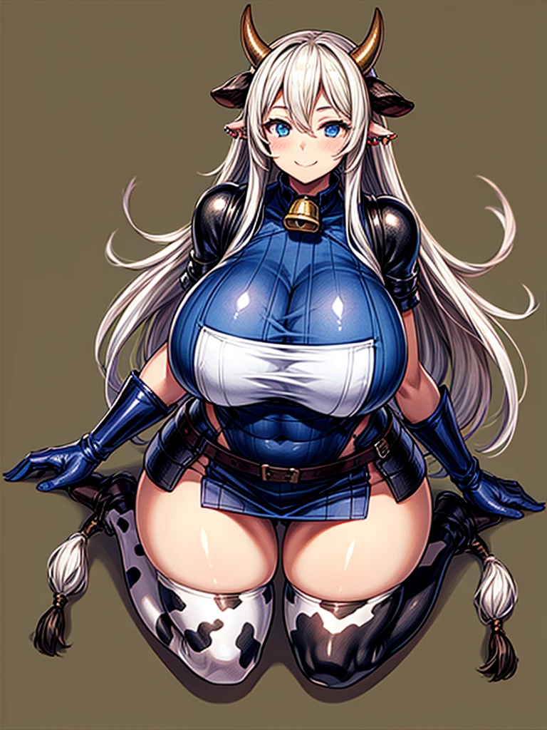 (masterpiece:1.2), (highest quality:1.2), 1girl, solo, cow-girl, breasts, animal-ears, cow-ears, tail, horns, cow-tail, animal-print, cow-horns, thighhighs, huge-breasts, cow-print, armor, gloves, piercing, very-long-hair, full-body, simple-background, looking-at-viewer, white-hair, smile, gigantic-breasts, blue-eyes, bell