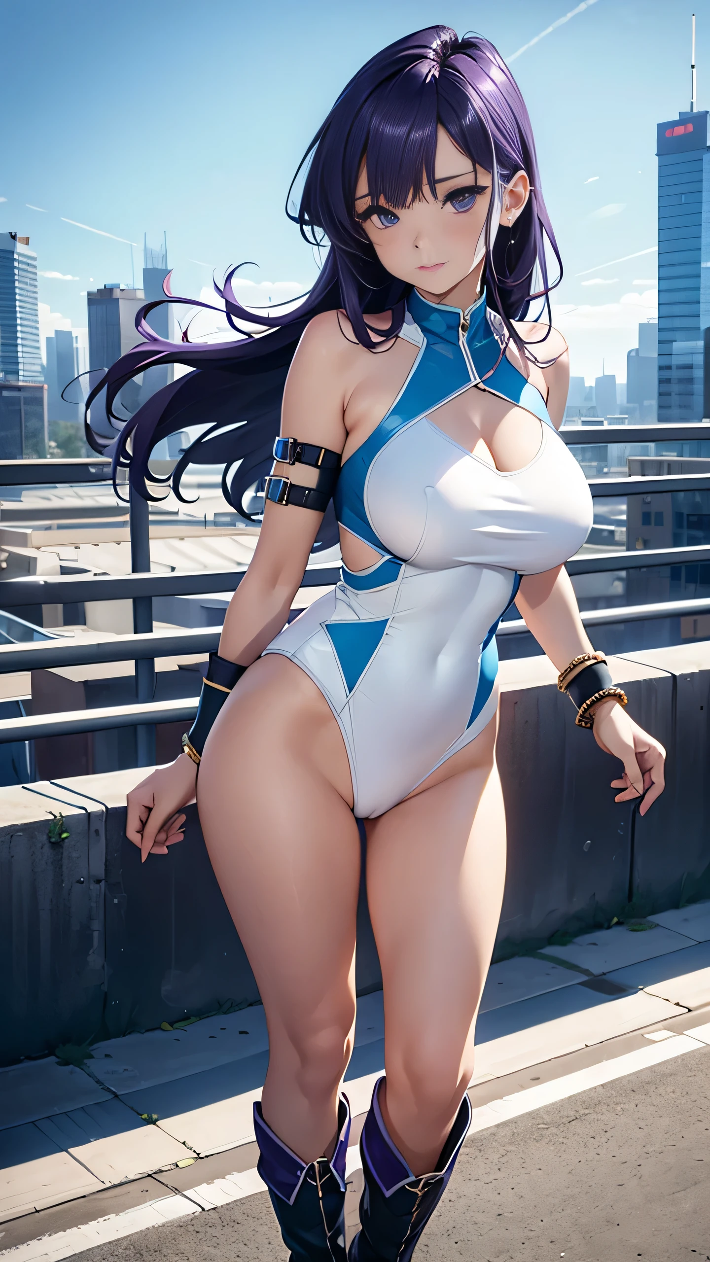 1girl, large breasts, leotard, white leotard with blue accents, bare legs, boots, matching boots, bracelets, city backdrop, solo, single, standing, full body shot, cowboy shot, beautiful detailed eyes, mature lady, purple hair, long hair