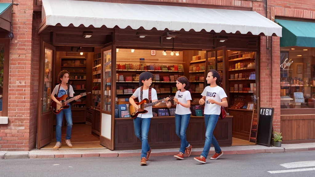 A store selling band and rock n' roll t-shirts, disney pixar style with lots of colors