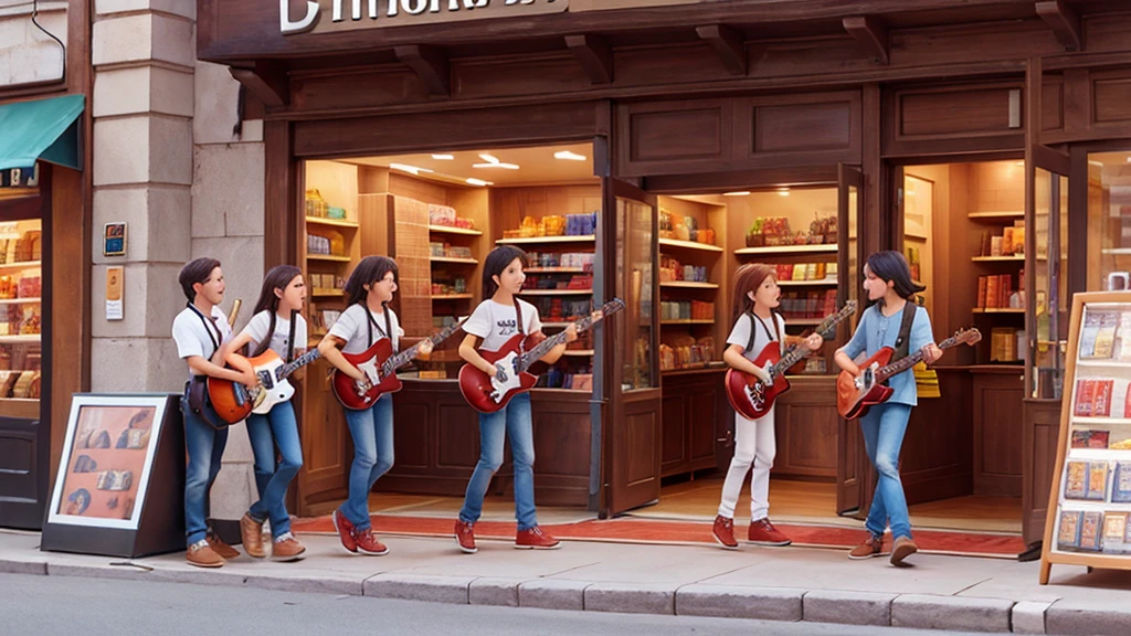 A store selling band and rock n' roll t-shirts, disney pixar style with lots of colors