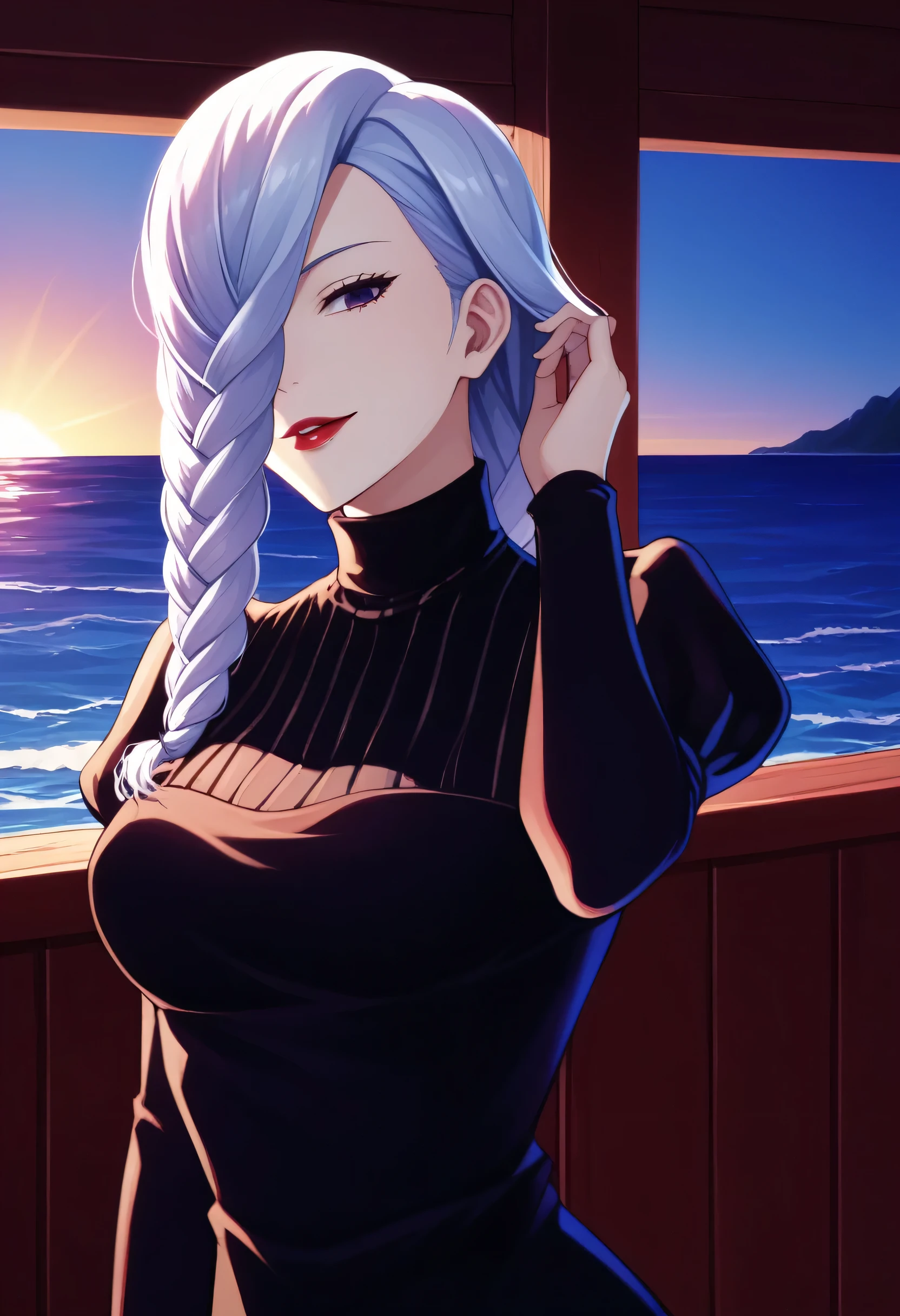 score_9_up, score_8_up, score_7_up, 1girl, solo, mature female, mei mei, hand in hair, looking at viewer, white hair, braid, hair over one eye, half closed eye, braided ponytail, braided bangs, purple eye, red lips, parted lips, naughty smile, long sleeves, dress, puffy sleeves, black dress, juliet sleeves, turtleneck dress, yacht cabin, night time, ocean, standing in seductive pose