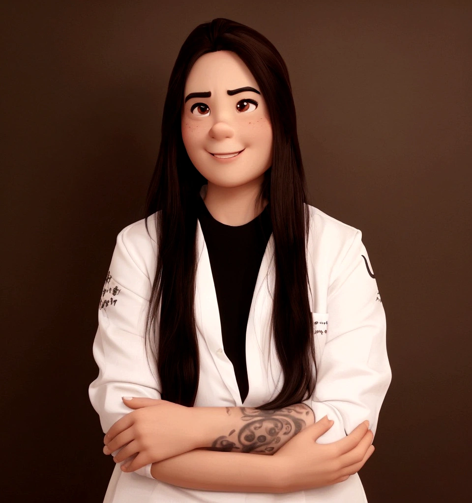 (Pixar-style),A Chinese,long dark brown hair, dark eyes slightly slanted Korean style, round face, Eyebrows marked in dark brown and a very white smile