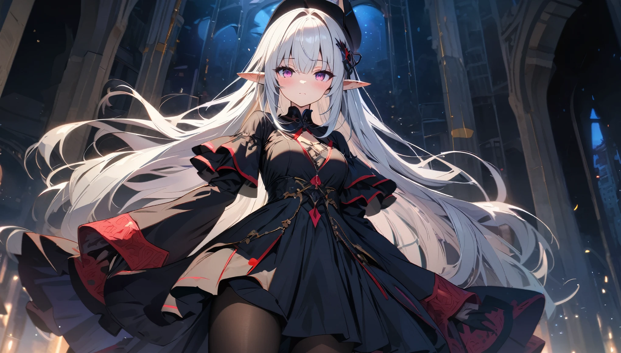 Satella from anime Re:NULL, (masterpiece, Best quality, A high resolution, ultra detailed, Satella, White hair, purple eyes, 1 girl, long hair, pointed ears, hair ornament, Tights, black transparent veil long black dress, Looking at the viewer, black Tights, long sleeves, blush, standing, very long hair, cowboy shot, brilliant, brilliant hair, (night:1.2),Dreamy, [[gentle fingers and hands:0.55]::0.85],(detailed fingers),),(emotional),(breathtaking),(main part:1.2) whole body.), (Anime Style), (Super Detailed), (brutal), (uhd, HDR), (8K), (High Resolution: 1.2), (Complex and Beautiful: 1.2), (Dramatic Lighting: 1.2) , (staring at the viewer), lora:add_detail:1, female necromancer, flowing white hair, detailed red eyes, skelet, Tomohiko Ito style