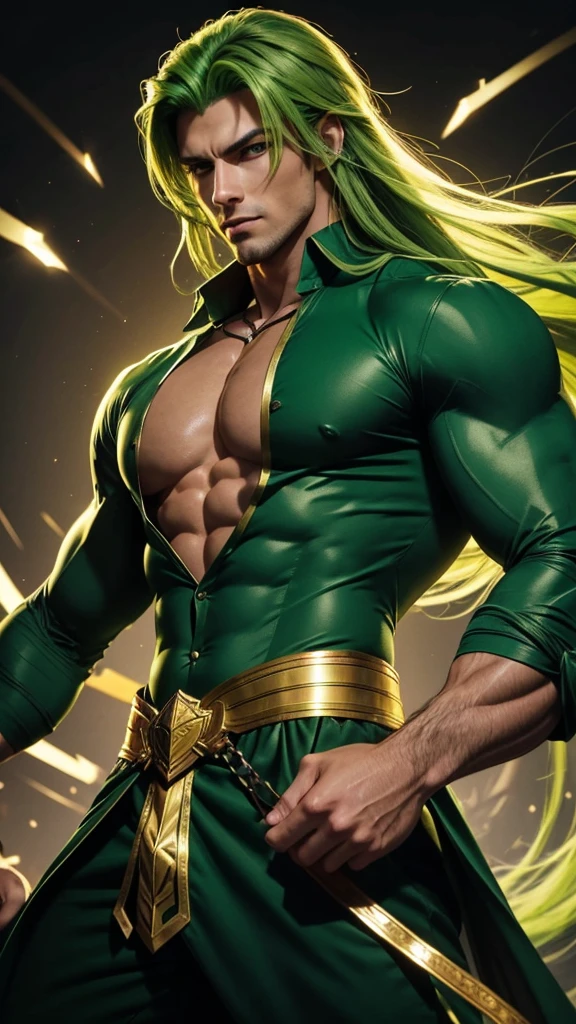 Handsome muscular boy with long green hair electric green eyes green long sleeve shirt with golden touches green magic crystal